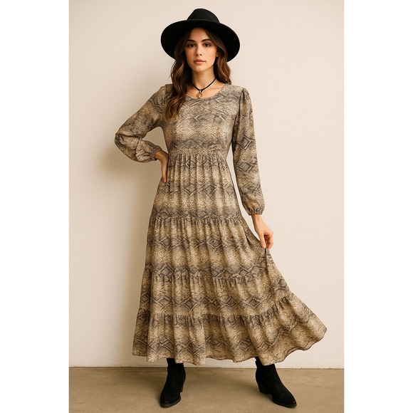 Handmade Dresses & Skirts - Handmade Snakeskin Print Tiered Maxi Dress – Size Small – Long Sleeve